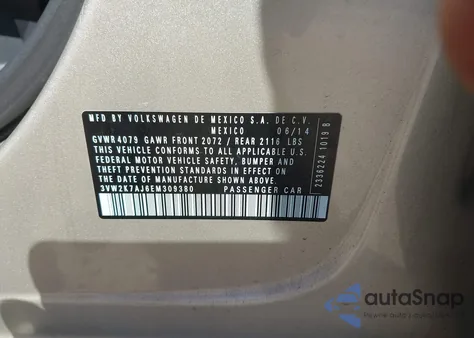 2014 Volkswagen Jetta 2.0L S from USA, damaged, VIN 3VW2K7AJ6EM309380